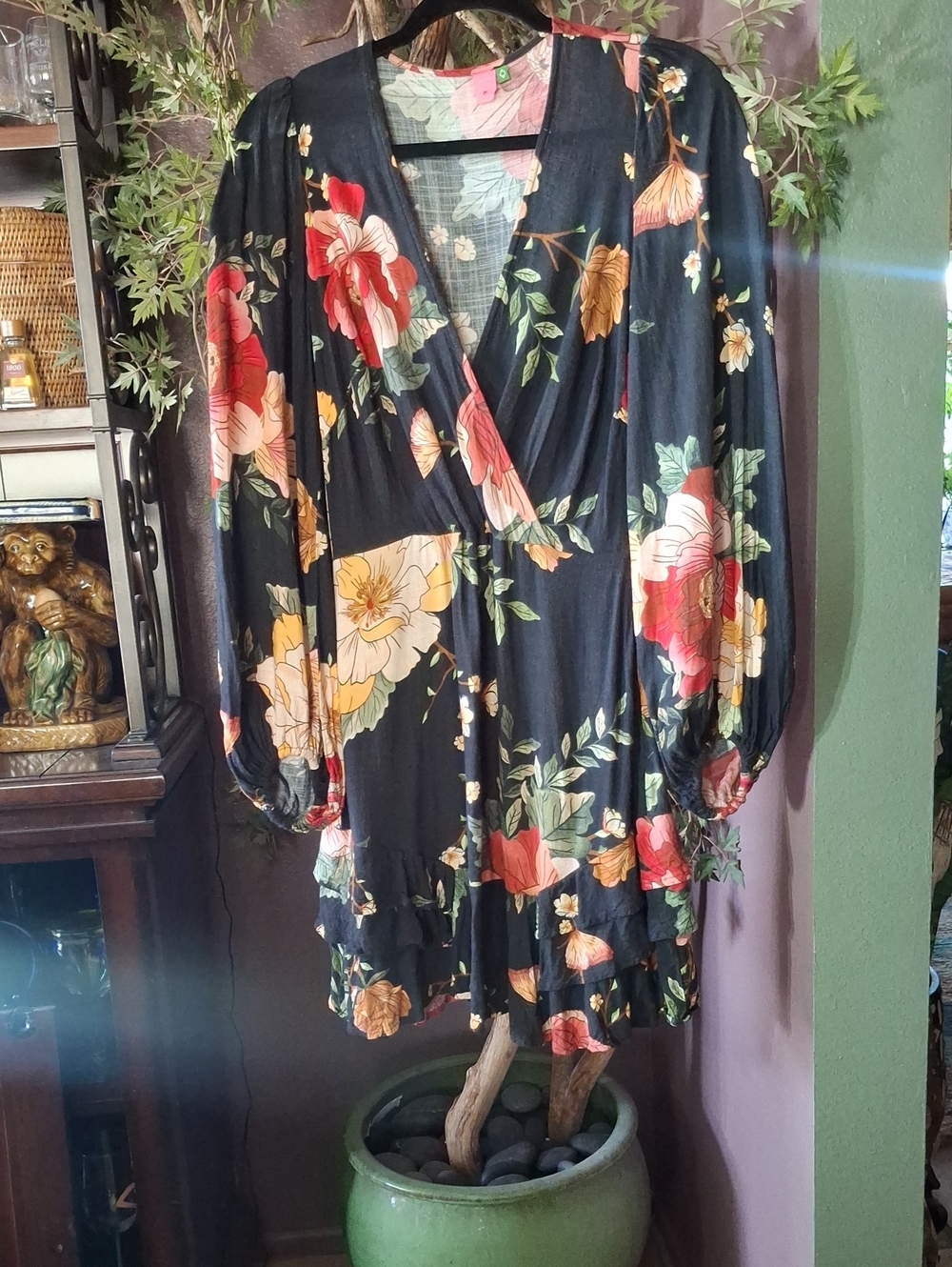 Farm Rio Black Floral V-Neck Ruffled Dress